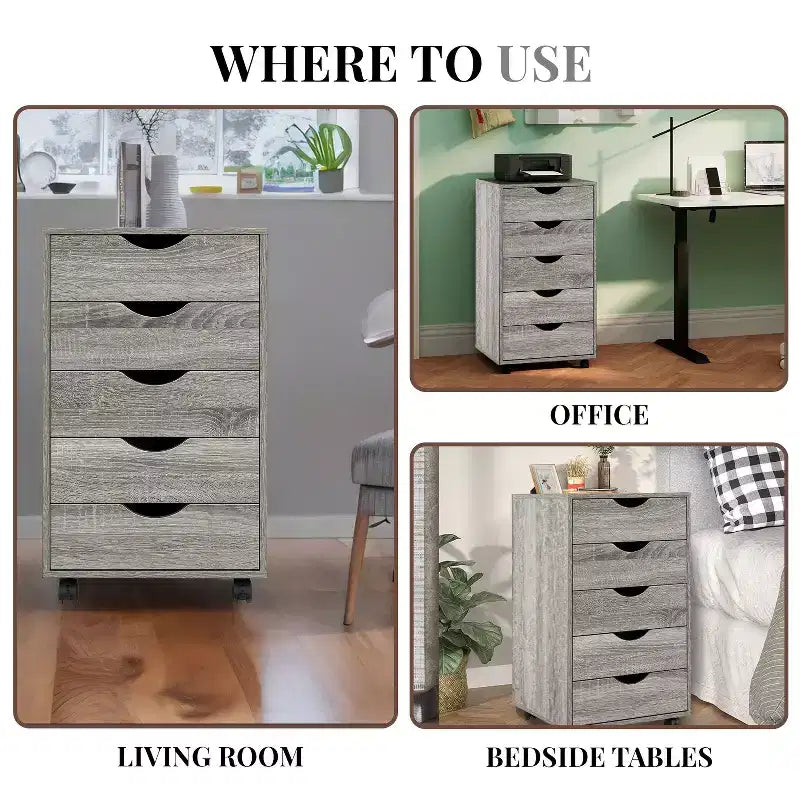 5-Drawer Office File Storage Cabinet, Smart Storage with Adjustable Dividers, Lockable Casters & Smooth Slides