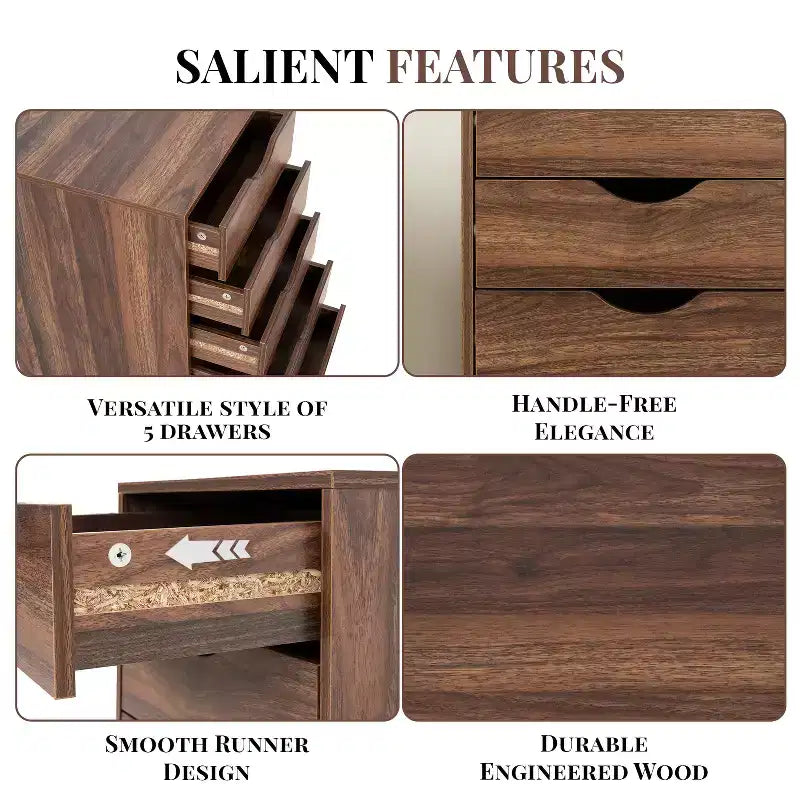 5-Drawer Office File Storage Cabinet, Smart Storage with Adjustable Dividers, Lockable Casters & Smooth Slides