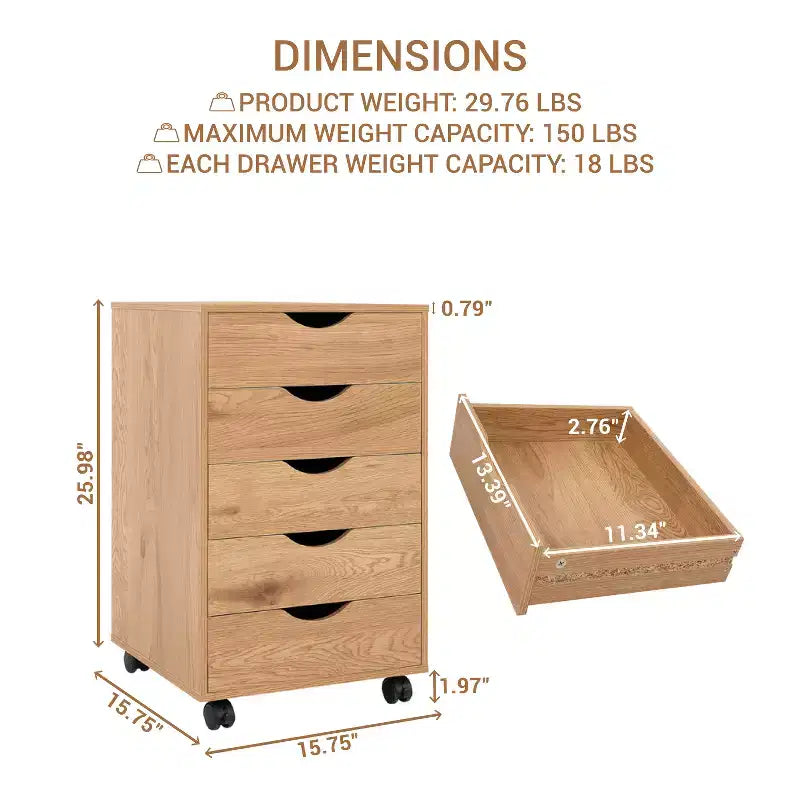 5-Drawer Office File Storage Cabinet, Smart Storage with Adjustable Dividers, Lockable Casters & Smooth Slides