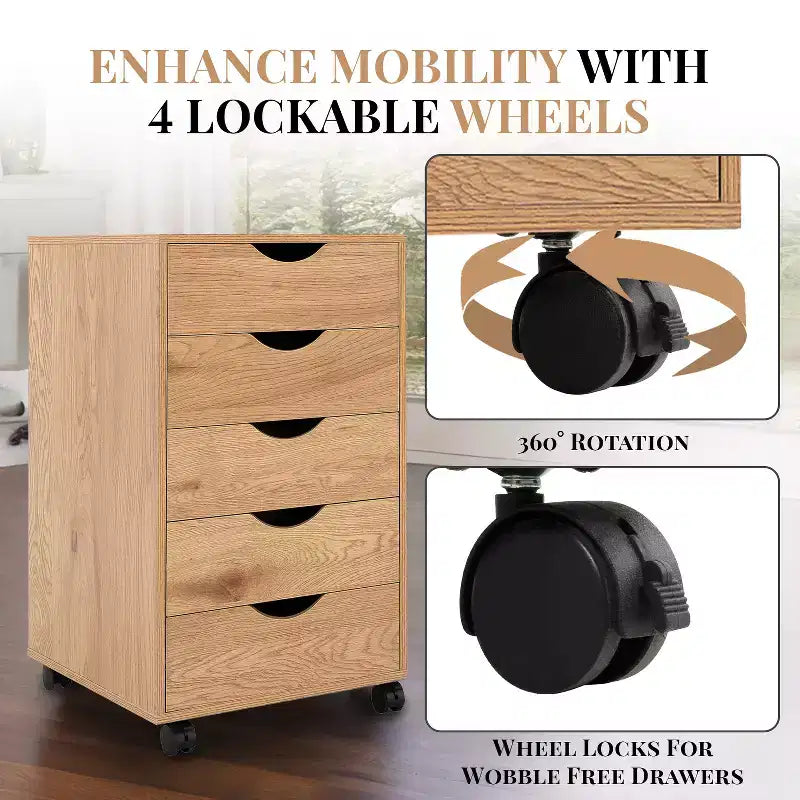 5-Drawer Office File Storage Cabinet, Smart Storage with Adjustable Dividers, Lockable Casters & Smooth Slides