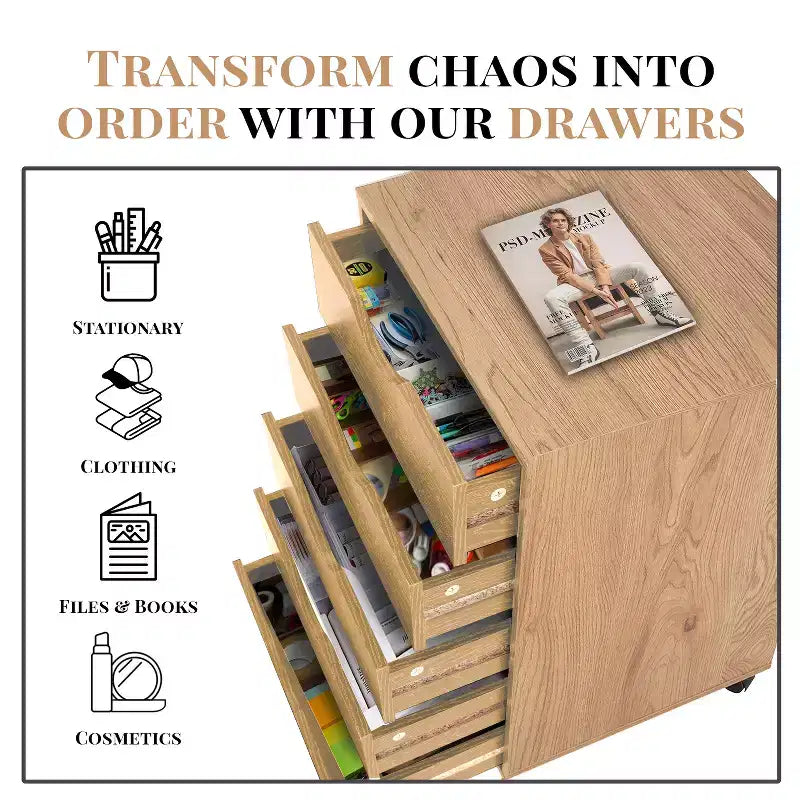 5-Drawer Office File Storage Cabinet, Smart Storage with Adjustable Dividers, Lockable Casters & Smooth Slides