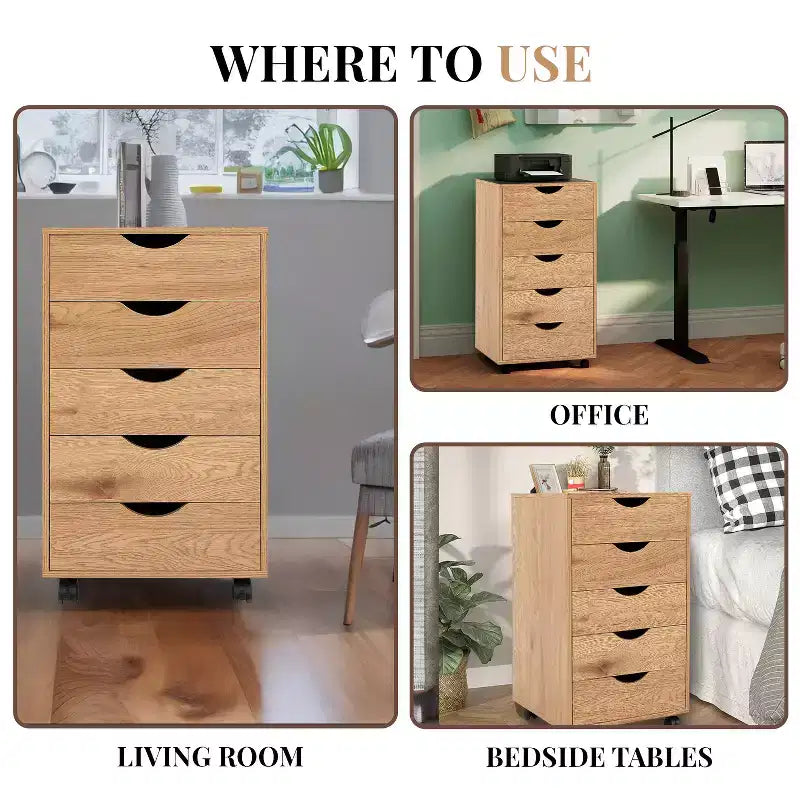 5-Drawer Office File Storage Cabinet, Smart Storage with Adjustable Dividers, Lockable Casters & Smooth Slides
