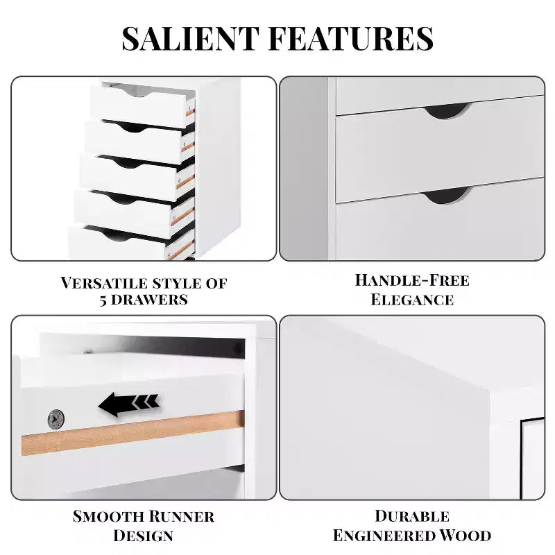 5-Drawer Office File Storage Cabinet, Smart Storage with Adjustable Dividers, Lockable Casters & Smooth Slides
