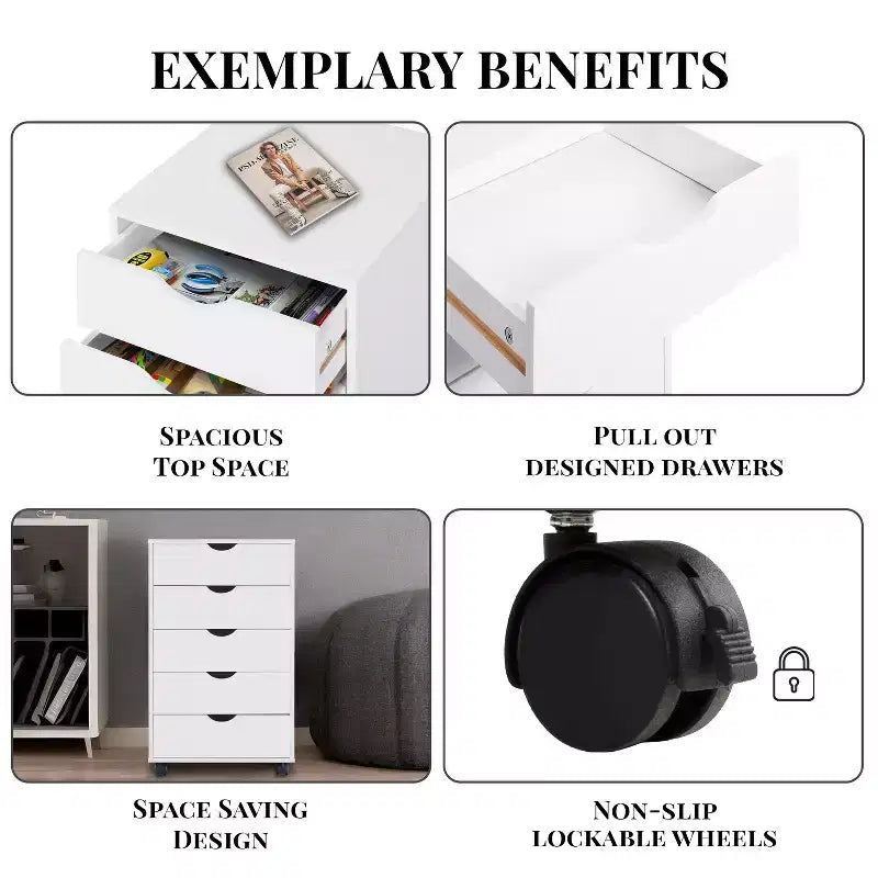 5-Drawer Office File Storage Cabinet, Smart Storage with Adjustable Dividers, Lockable Casters & Smooth Slides
