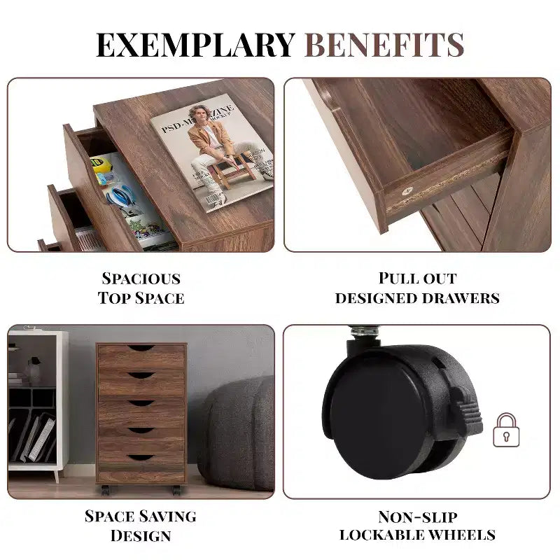 5-Drawer Office File Storage Cabinet, Smart Storage with Adjustable Dividers, Lockable Casters & Smooth Slides