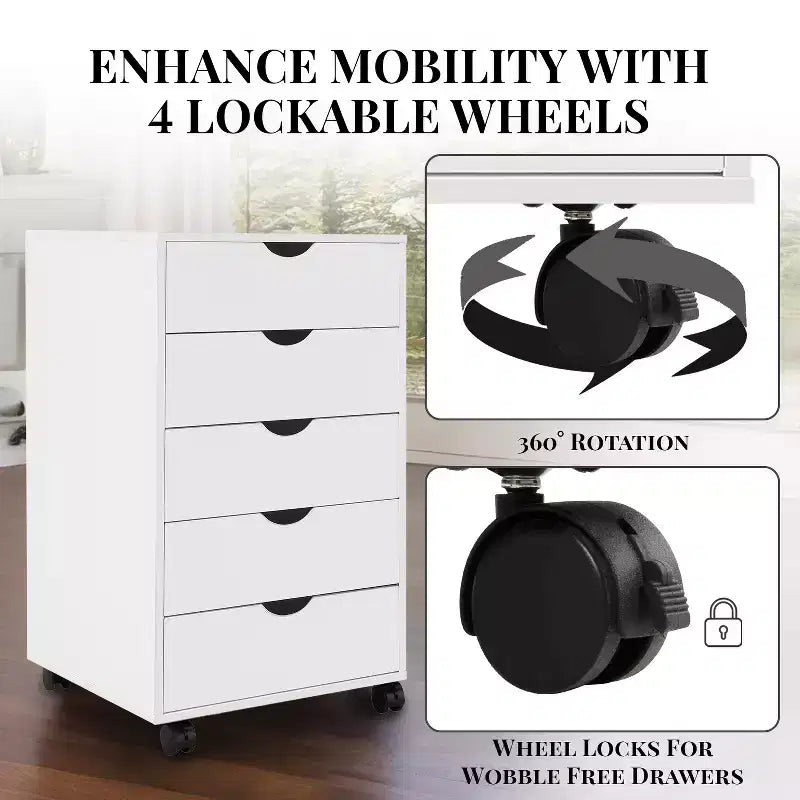 5-Drawer Office File Storage Cabinet, Smart Storage with Adjustable Dividers, Lockable Casters & Smooth Slides