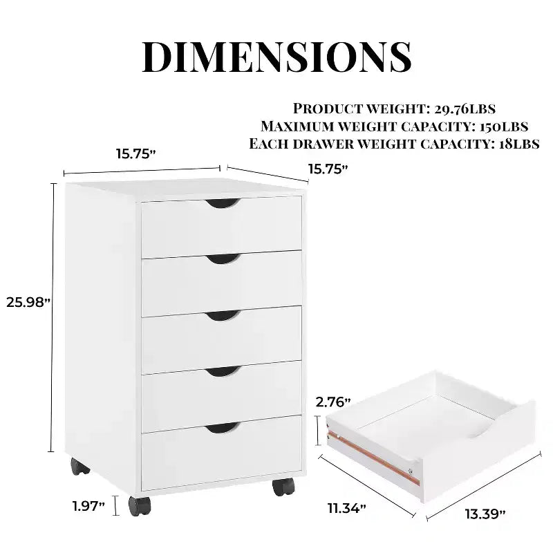 5-Drawer Office File Storage Cabinet, Smart Storage with Adjustable Dividers, Lockable Casters & Smooth Slides