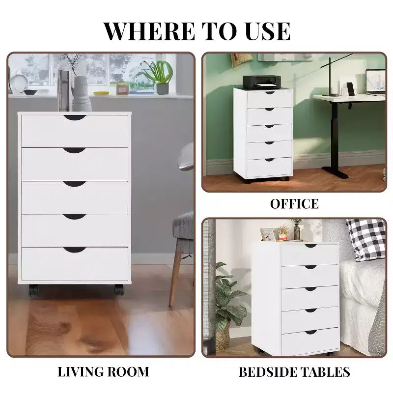 5-Drawer Office File Storage Cabinet, Smart Storage with Adjustable Dividers, Lockable Casters & Smooth Slides