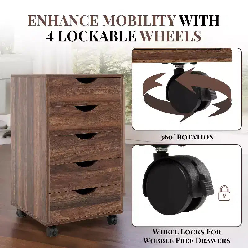 5-Drawer Office File Storage Cabinet, Smart Storage with Adjustable Dividers, Lockable Casters & Smooth Slides