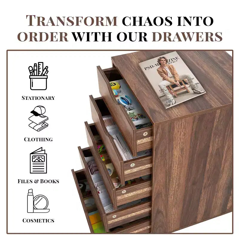 5-Drawer Office File Storage Cabinet, Smart Storage with Adjustable Dividers, Lockable Casters & Smooth Slides