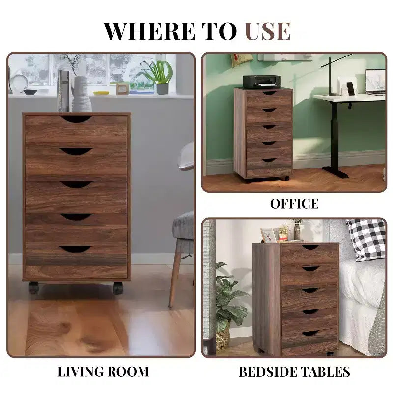 5-Drawer Office File Storage Cabinet, Smart Storage with Adjustable Dividers, Lockable Casters & Smooth Slides