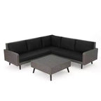 GDFStudio Hensley Outdoor Wicker 5 Seater V-Shape Sectional Sofa Chat Set with Cushions, Mixed Black/Dark Gray