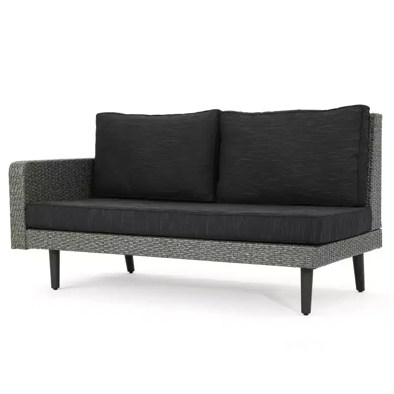 GDFStudio Hensley Outdoor Wicker 5 Seater V-Shape Sectional Sofa Chat Set with Cushions, Mixed Black/Dark Gray