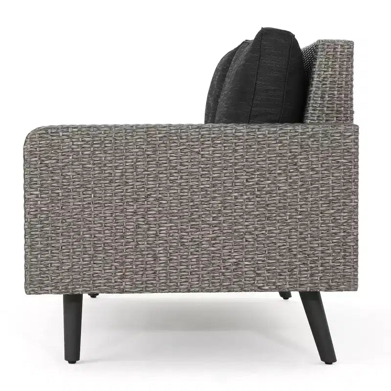 GDFStudio Hensley Outdoor Wicker 5 Seater V-Shape Sectional Sofa Chat Set with Cushions, Mixed Black/Dark Gray