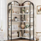 Corner Bookshelf, L Shaped Bookshelf Arched 5 Tier Corner Shelf with Metal Frame for Living Room Bedroom