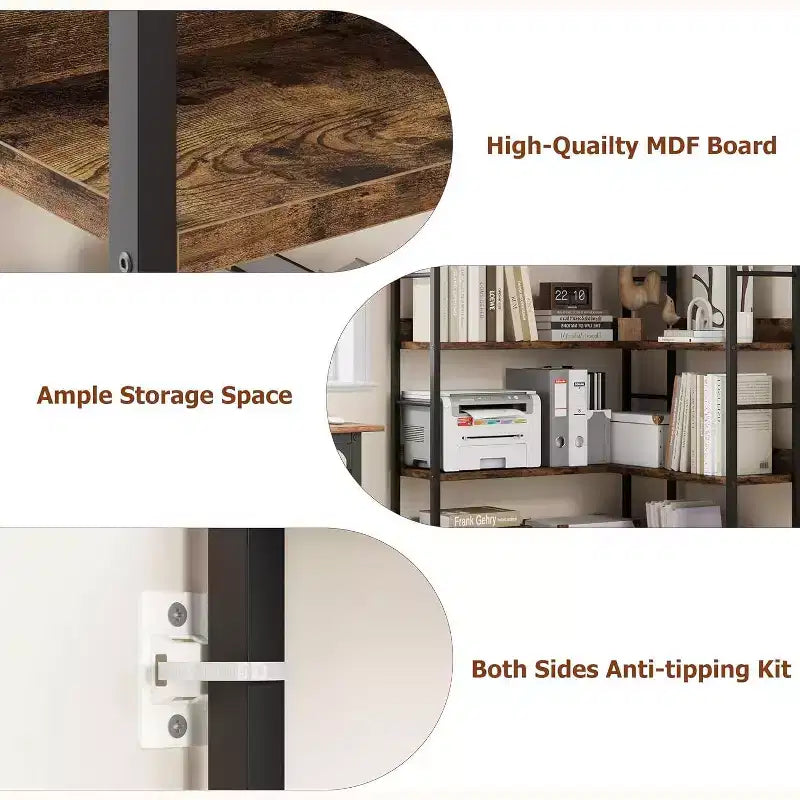 Corner Bookshelf, L Shaped Bookshelf Arched 5 Tier Corner Shelf with Metal Frame for Living Room Bedroom