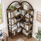Corner Bookshelf, L Shaped Bookshelf Arched 5 Tier Corner Shelf with Metal Frame for Living Room Bedroom