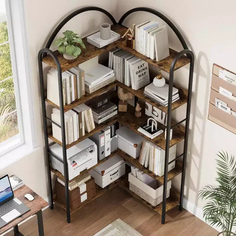 Corner Bookshelf, L Shaped Bookshelf Arched 5 Tier Corner Shelf with Metal Frame for Living Room Bedroom