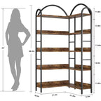 Corner Bookshelf, L Shaped Bookshelf Arched 5 Tier Corner Shelf with Metal Frame for Living Room Bedroom