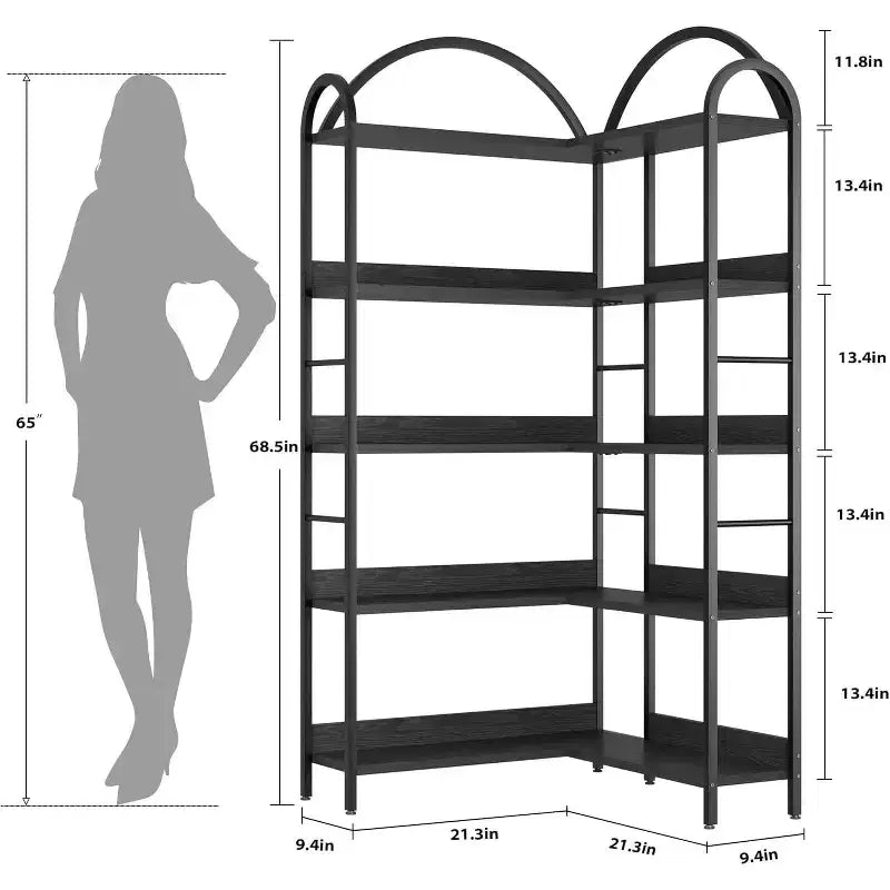 Corner Bookshelf, L Shaped Bookshelf Arched 5 Tier Corner Shelf with Metal Frame for Living Room Bedroom