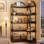 Corner Bookshelf, L Shaped Bookshelf Arched 5 Tier Corner Shelf with Metal Frame for Living Room Bedroom