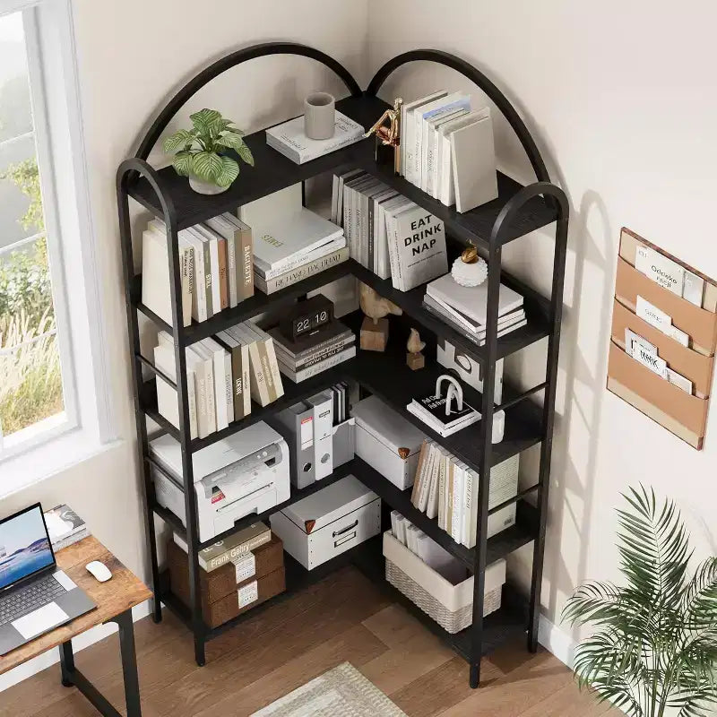 Corner Bookshelf, L Shaped Bookshelf Arched 5 Tier Corner Shelf with Metal Frame for Living Room Bedroom