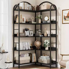 Corner Bookshelf, L Shaped Bookshelf Arched 5 Tier Corner Shelf with Metal Frame for Living Room Bedroom
