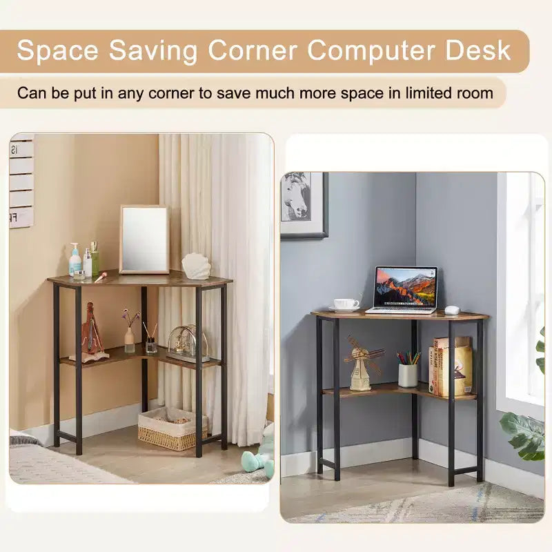 VECELO Corner Computer Desk, Corner Table with Steel Frame for Small Space, Triangle Shape, Brown