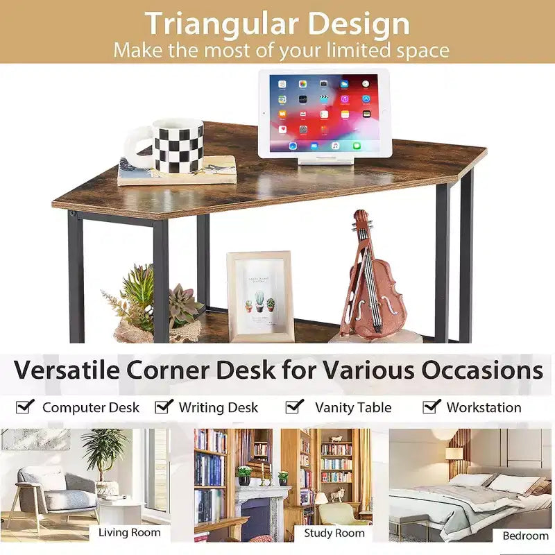 VECELO Corner Computer Desk, Corner Table with Steel Frame for Small Space, Triangle Shape, Brown