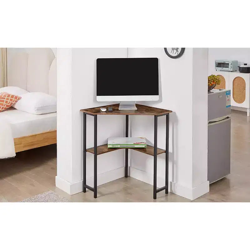 VECELO Corner Computer Desk, Corner Table with Steel Frame for Small Space, Triangle Shape, Brown