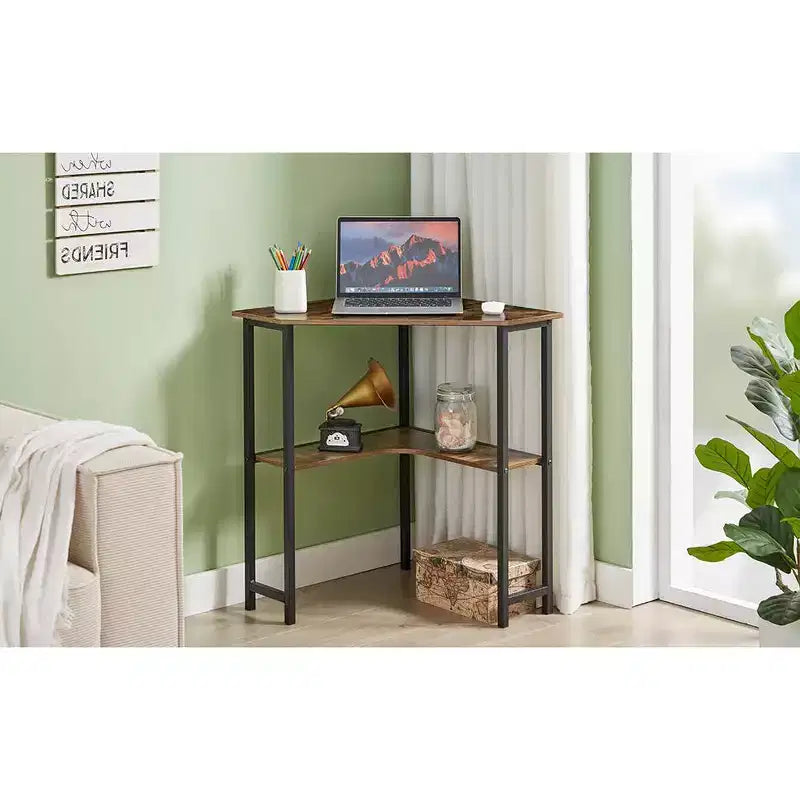 VECELO Corner Computer Desk, Corner Table with Steel Frame for Small Space, Triangle Shape, Brown