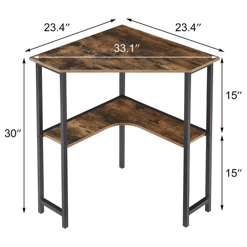 VECELO Corner Computer Desk, Corner Table with Steel Frame for Small Space, Triangle Shape, Brown
