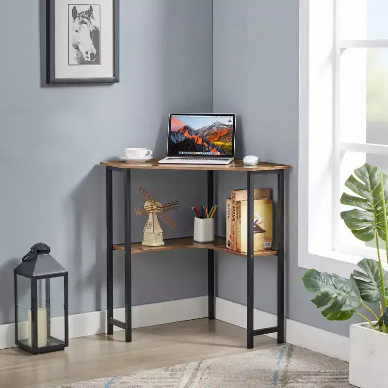 VECELO Corner Computer Desk, Corner Table with Steel Frame for Small Space, Triangle Shape, Brown