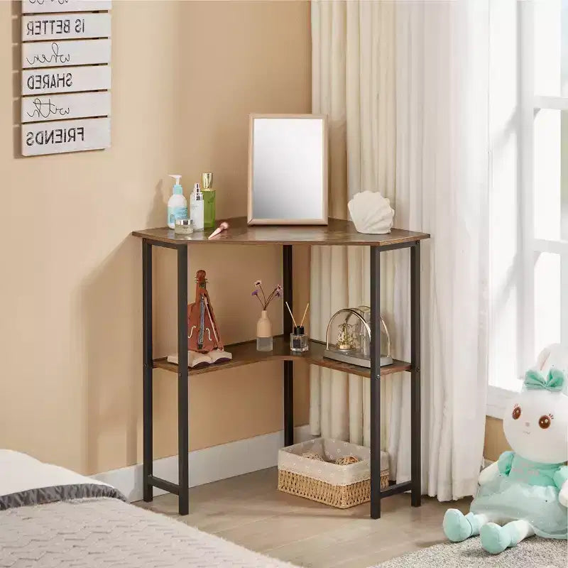 VECELO Corner Computer Desk, Corner Table with Steel Frame for Small Space, Triangle Shape, Brown