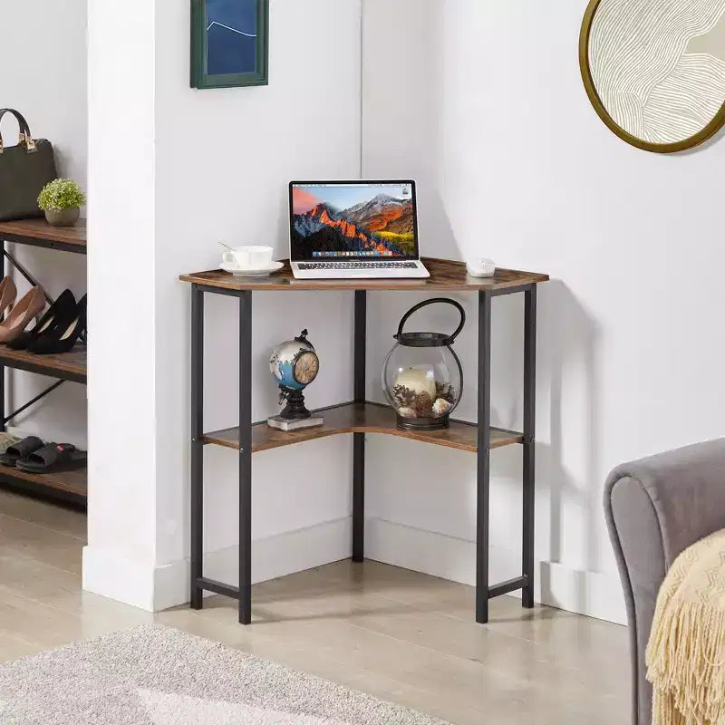 VECELO Corner Computer Desk, Corner Table with Steel Frame for Small Space, Triangle Shape, Brown