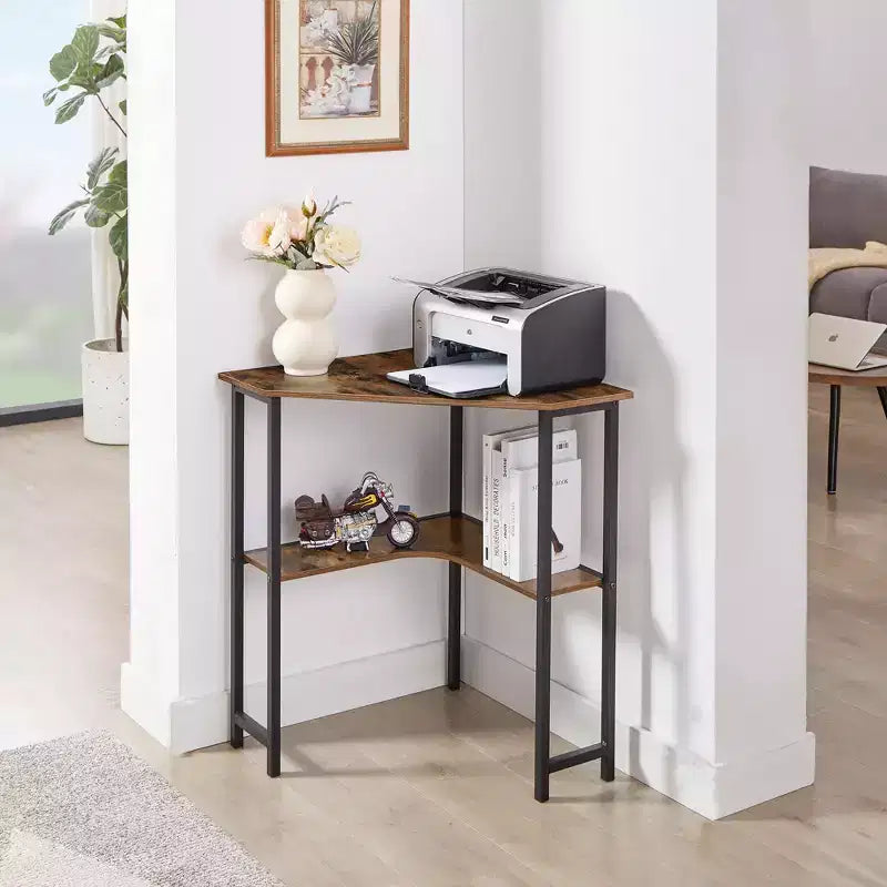 VECELO Corner Computer Desk, Corner Table with Steel Frame for Small Space, Triangle Shape, Brown