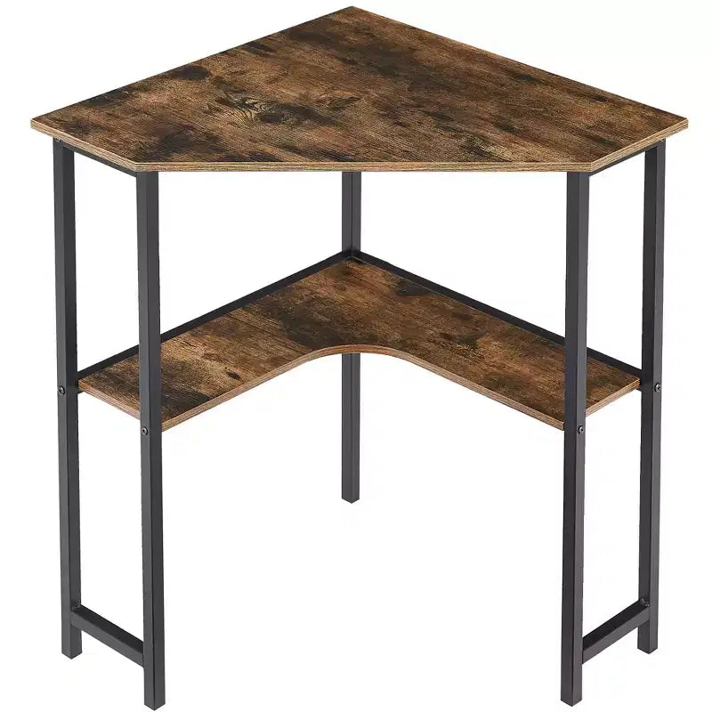 VECELO Corner Computer Desk, Corner Table with Steel Frame for Small Space, Triangle Shape, Brown
