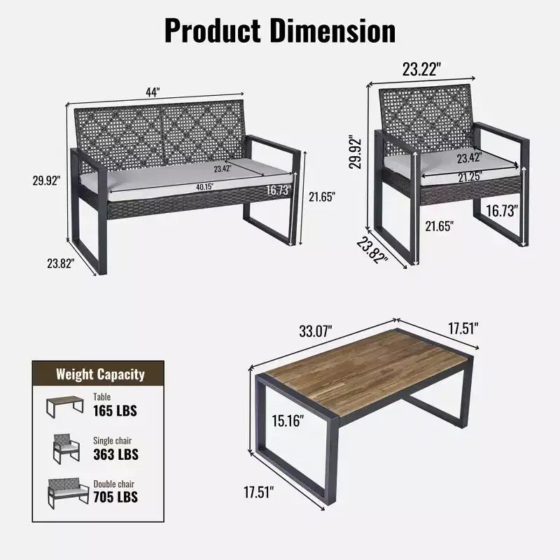 GDFStudio Elton Patio 4 pcs Steel and Rattan Conversation Set