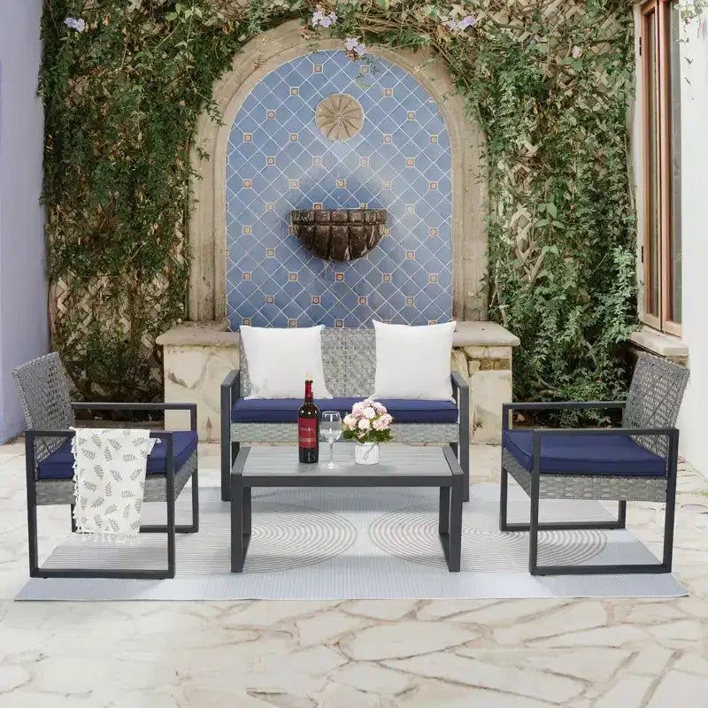 GDFStudio Elton Patio 4 pcs Steel and Rattan Conversation Set