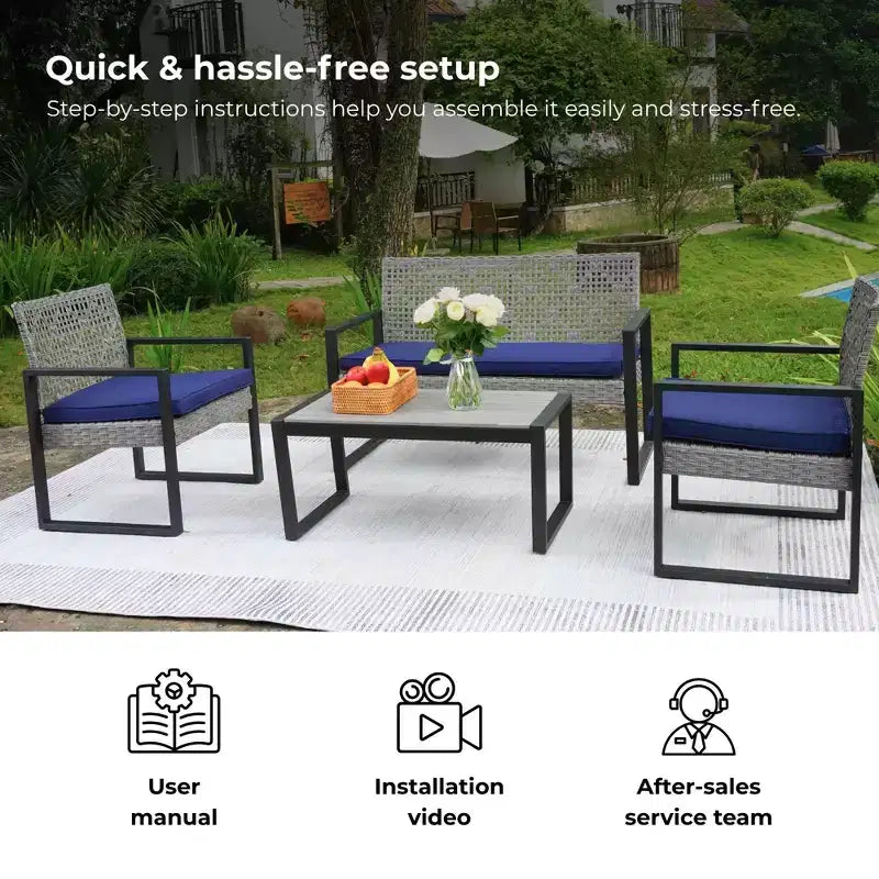 GDFStudio Elton Patio 4 pcs Steel and Rattan Conversation Set