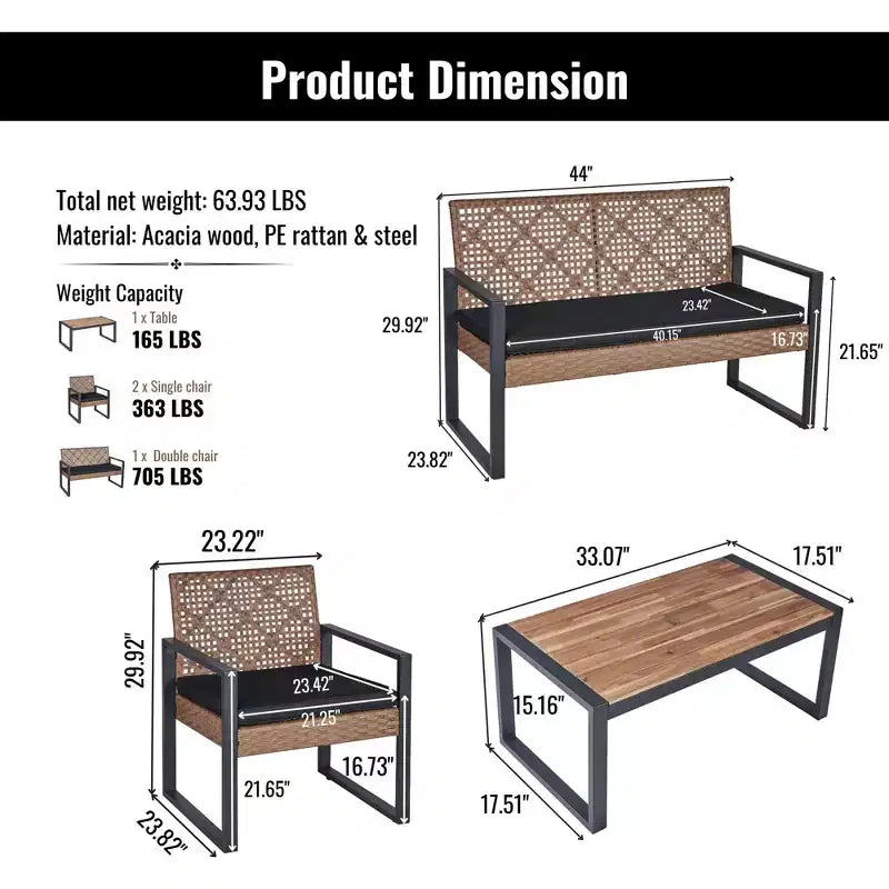 GDFStudio Elton Patio 4 pcs Steel and Rattan Conversation Set