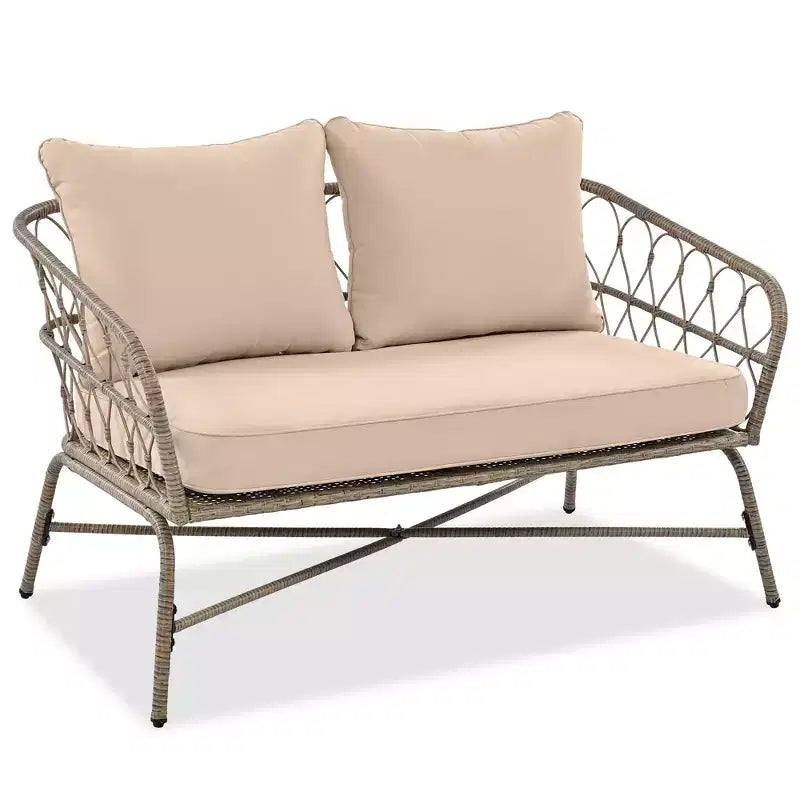 Ensemble de meubles de patio en osier bohème résistant aux intempéries Whisen, ensemble de sièges extérieurs, chaise de canapé extérieure avec coussins amovibles et plateau de table en bois - Beige