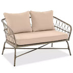 Ensemble de meubles de patio en osier bohème résistant aux intempéries Whisen, ensemble de sièges extérieurs, chaise de canapé extérieure avec coussins amovibles et plateau de table en bois - Beige