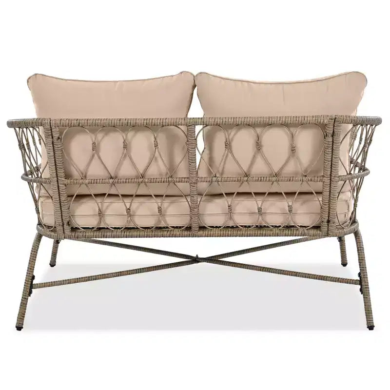 Ensemble de meubles de patio en osier bohème résistant aux intempéries Whisen, ensemble de sièges extérieurs, chaise de canapé extérieure avec coussins amovibles et plateau de table en bois - Beige