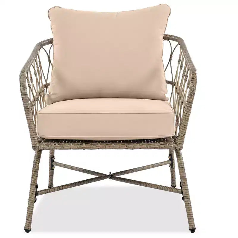Ensemble de meubles de patio en osier bohème résistant aux intempéries Whisen, ensemble de sièges extérieurs, chaise de canapé extérieure avec coussins amovibles et plateau de table en bois - Beige