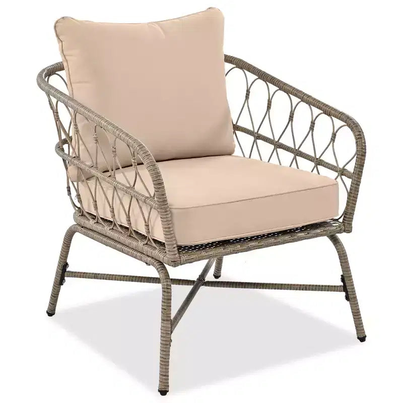 Ensemble de meubles de patio en osier bohème résistant aux intempéries Whisen, ensemble de sièges extérieurs, chaise de canapé extérieure avec coussins amovibles et plateau de table en bois - Beige