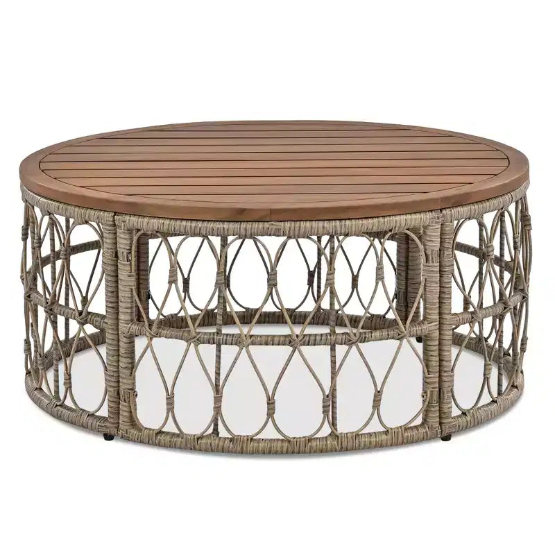 Ensemble de meubles de patio en osier bohème résistant aux intempéries Whisen, ensemble de sièges extérieurs, chaise de canapé extérieure avec coussins amovibles et plateau de table en bois - Beige