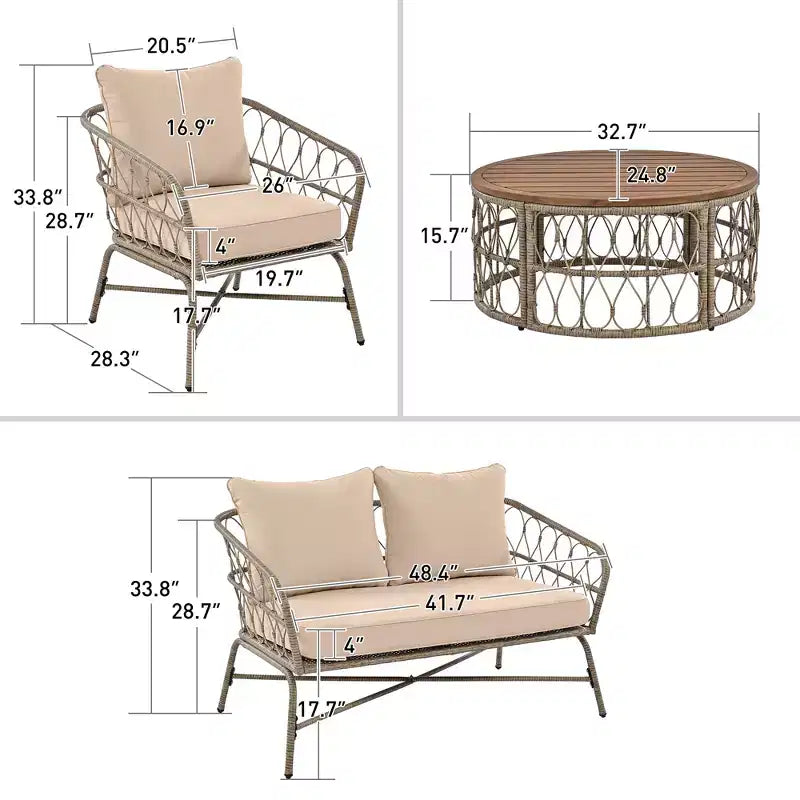 Ensemble de meubles de patio en osier bohème résistant aux intempéries Whisen, ensemble de sièges extérieurs, chaise de canapé extérieure avec coussins amovibles et plateau de table en bois - Beige