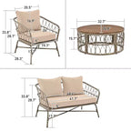 Ensemble de meubles de patio en osier bohème résistant aux intempéries Whisen, ensemble de sièges extérieurs, chaise de canapé extérieure avec coussins amovibles et plateau de table en bois - Beige