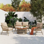 Ensemble de meubles de patio en osier bohème résistant aux intempéries Whisen, ensemble de sièges extérieurs, chaise de canapé extérieure avec coussins amovibles et plateau de table en bois - Beige